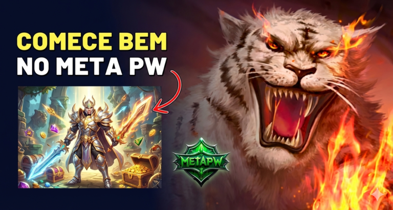 Interface inicial do Meta PW com personagem na Cidade do Dragão e janela de missões amarela aberta.