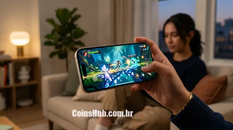 Mão segurando um iPhone jogando um jogo mobile visualmente impressionante, inspirado no Apple Arcade.