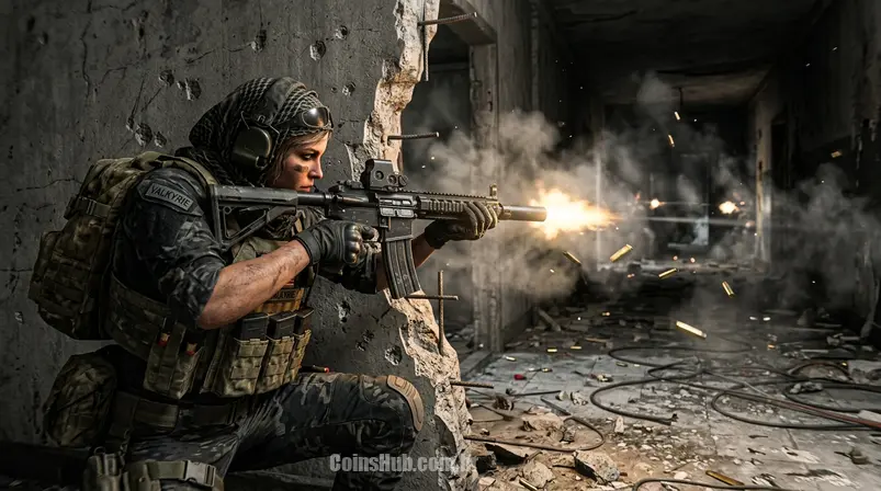 Operador de Call of Duty Warzone em combate intenso dentro de um prédio destruído, segurando um fuzil de assalto, com foco em Console e PC.