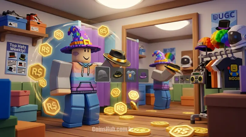Avatar do Roblox experimentando chapéus e camisas UGC em um espelho de provador, com moedas Robux flutuando ao redor.