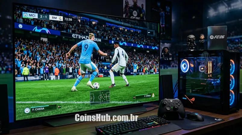 Gameplay de futebol em alta resolução na TV com setup de PC gamer, refletindo a ação do FC 26