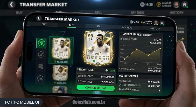 Carta de jogador de alto valor no FC Mobile sendo listada no mercado de transferências, mostrando opções de compra e venda e tendências de preço na interface mobile.