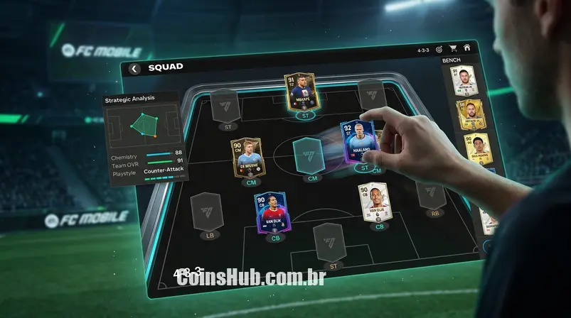 Interface de gerenciamento de equipe do FC Mobile, mostrando a organização de cartas de jogadores lendários em uma formação tática. Foco na estratégia e personalização do elenco no jogo.