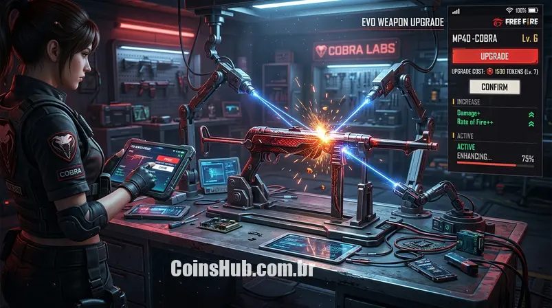 Oficina tecnológica de armas no Free Fire com uma MP40 Cobra detalhada em uma bancada, cercada por ferramentas laser e faíscas.