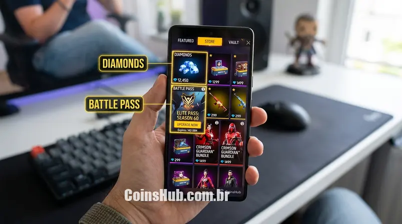 Mão segurando smartphone com tela do jogo Free Fire exibindo a loja de diamantes e o Passe de Batalha, com logo CoinsHub discreto.