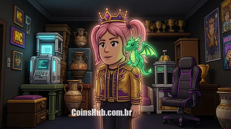 Avatar do Habbo Club (HC) no Habbo Hotel, exibindo roupas e emblemas exclusivos, em um ambiente vibrante de interação social, ressaltando os benefícios premium.