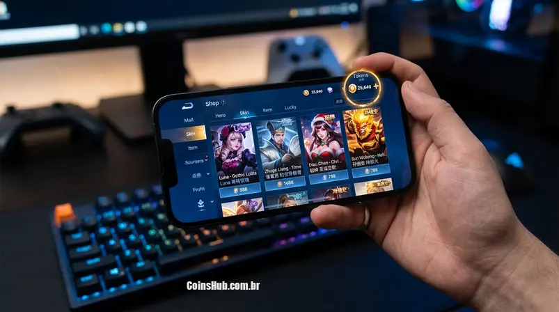 Mão segurando celular exibindo a loja de Honor of Kings com foco nos Tokens e opções de skins e heróis.