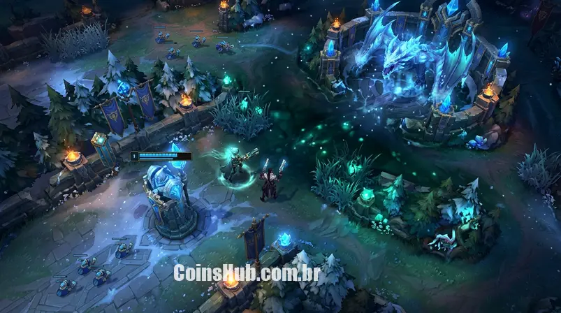 Visão aérea do mapa Summoner's Rift de League of Legends durante um evento, com objetivos brilhantes e personagens interagindo, estilo arte de jogo.