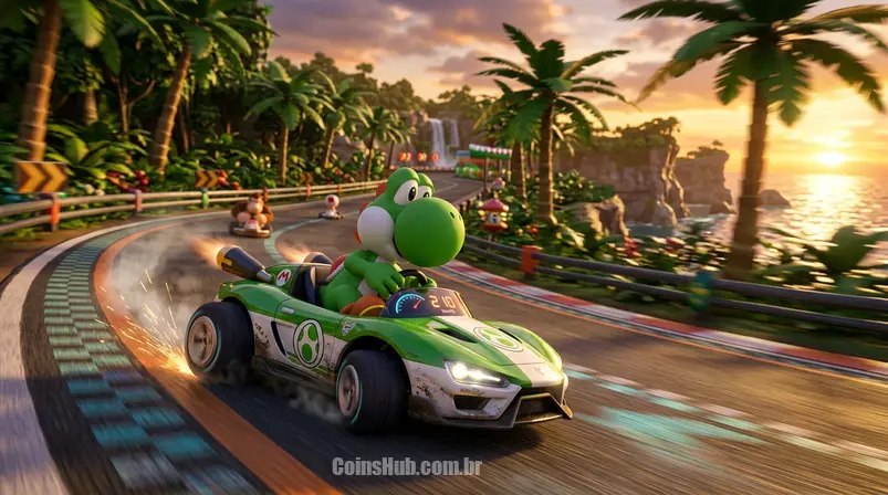 Yoshi em alta velocidade em uma pista tropical do Booster Course Pass de Mario Kart 8 Deluxe, com um pôr do sol ao fundo.