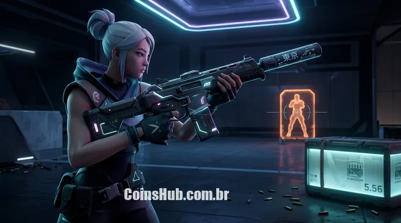 Agente de Valorant inspecionando uma skin de arma detalhada em um cenário tático noturno, com iluminação neon e foco na arma.