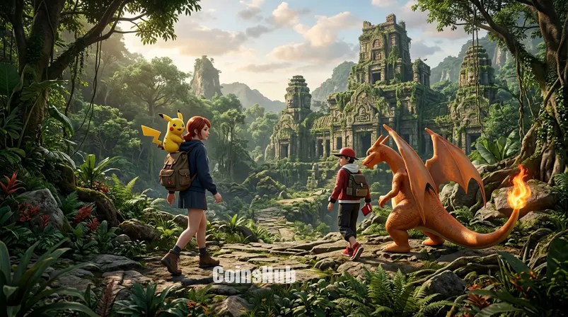 Treinadores Pokémon com Pikachu e Charizard explorando, simbolizando a compra de jogos Pokémon na eShop.