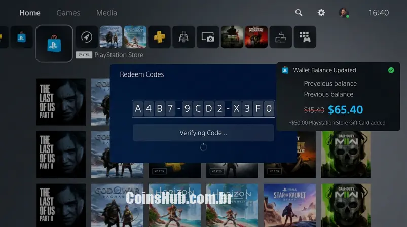 Meio: Resgate de código de Gift Card em tela do PlayStation, mostrando aumento de saldo na carteira PSN.