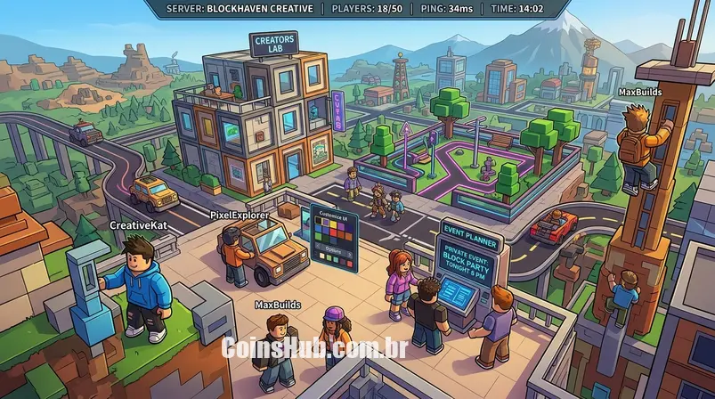 Grupo de avatares Roblox interagindo em um servidor privado, com itens UGC customizados.