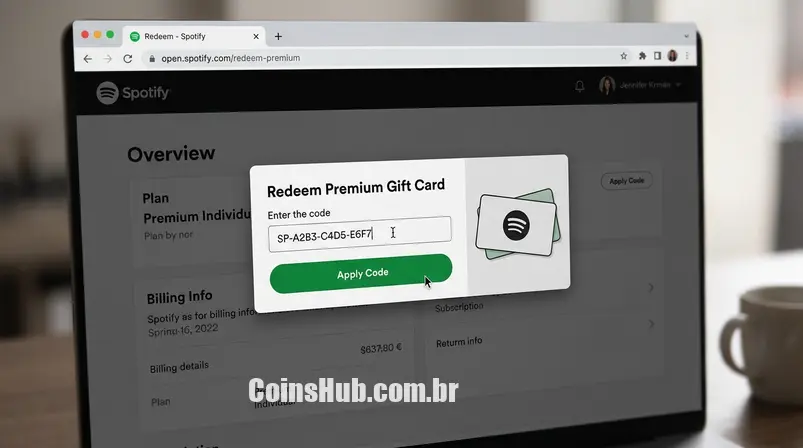 Tela de smartphone exibindo a interface do Spotify com destaque para a área de resgate de código de Gift Card, simbolizando o controle do usuário sobre sua assinatura.