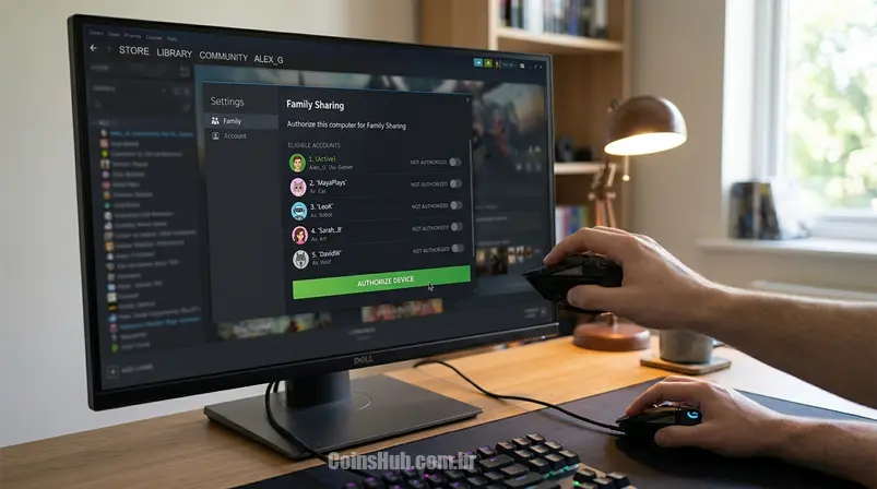 Tela do Steam com as configurações de Family Sharing abertas, mostrando perfis de usuário autorizados e a interface de gerenciamento.