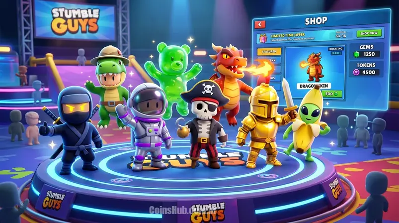 Grupo de personagens de Stumble Guys com skins divertidas e raras em um lobby de jogo animado, com um fundo sutil de interface de loja, destacando a personalização.
