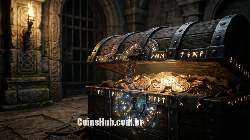 Um baú mágico se abrindo para revelar Tibia Coins, representando a entrega segura e protegida da moeda do jogo.