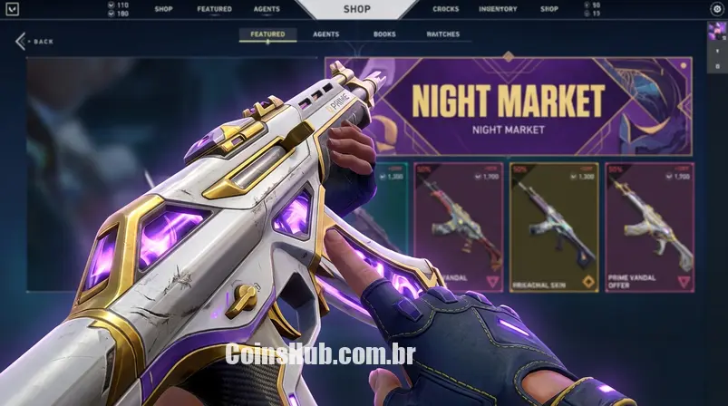 Imagem de uma skin de arma detalhada do Valorant, como uma Vandal ou Operator, com o banner do Mercado Noturno ao fundo.