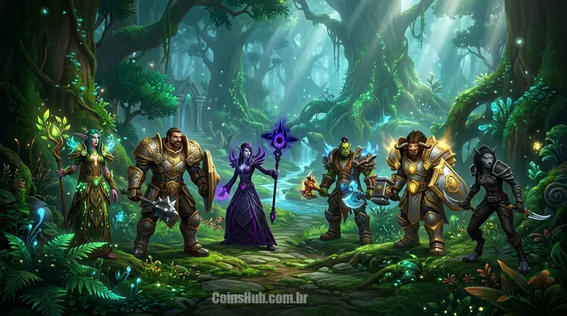Heróis de World of Warcraft em uma floresta mística da expansão The War Within ou Dragonflight, prontos para a batalha.