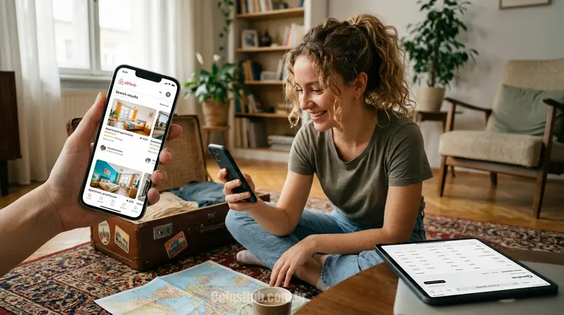 Uma pessoa planejando uma viagem no Airbnb pelo celular, com uma mala ao lado e um mapa, simbolizando a facilidade de usar gift cards para reservar hospedagens.