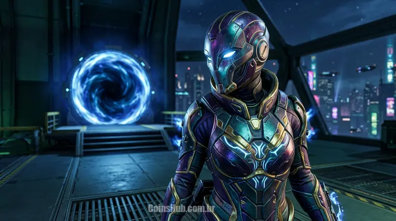 Skin lendária de evento de Apex Legends em um personagem, destacando detalhes e cores vibrantes contra um fundo futurista.