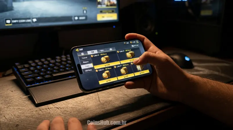 iPhone exibindo a interface de Call of Duty: Mobile com COD Points e um ícone de gift card, sendo segurado por uma mão.
