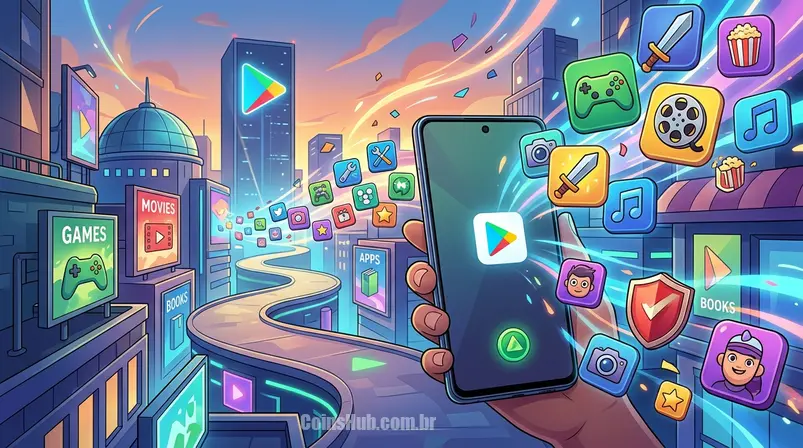 Ilustração de ícones de aplicativos e jogos flutuando em torno de um smartphone Android, representando o ecossistema Google Play.