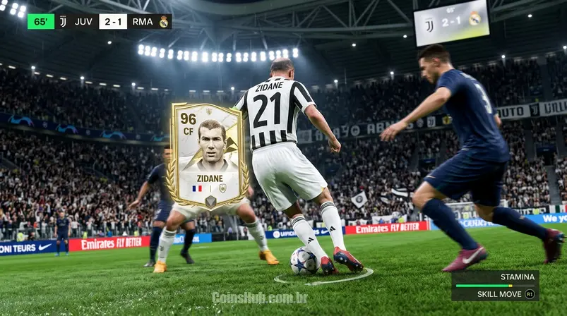 Cena de gameplay do FC Mobile com um jogador Icon realizando um drible em campo, com o estádio ao fundo e elementos da interface de usuário.