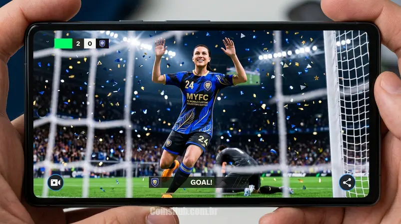 Jogador de FC Mobile com uniforme personalizado celebrando um gol em tela de celular, destacando customização e alegria.