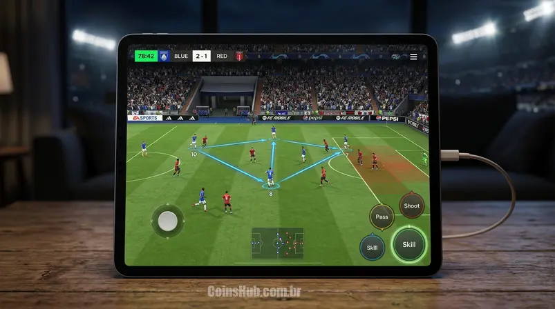 Visão aérea de uma partida de FC Mobile em um tablet, destacando a formação 4-3-3 e as estratégias de movimentação de jogadores.
