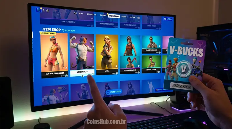 Loja de itens do Fortnite com diversas skins coloridas, mão segurando um gift card genérico.