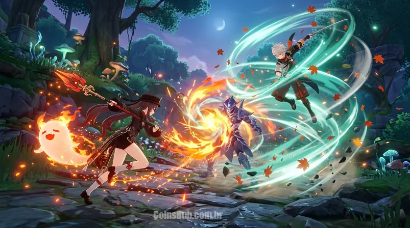 Dois personagens 5 estrelas de Genshin Impact (Hu Tao e Kazuha) em combate dinâmico, usando suas habilidades elementais em um cenário mágico e detalhado.
