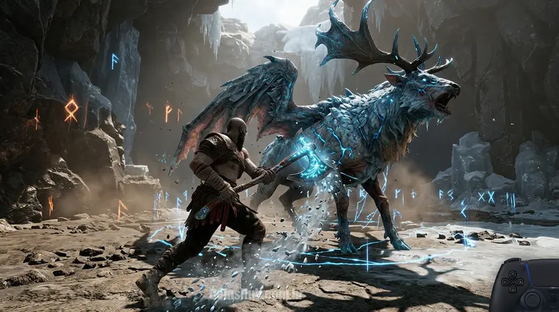 Kratos em combate épico com armas lendárias em God of War Ragnarök, com um controle PlayStation sutilmente visível.