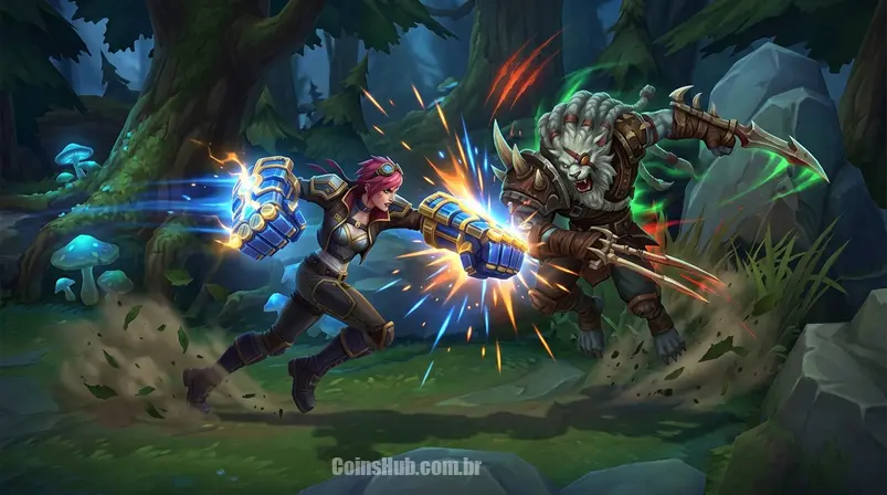 Duelo dinâmico entre Jinx e Jax na selva de League of Legends, mostrando ação e habilidades dos campeões.