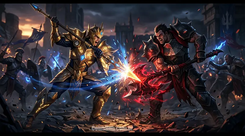 Batalha intensa em Legends of Runeterra com dois campeões icônicos se enfrentando, ilustrando a estratégia e o impacto visual do jogo.