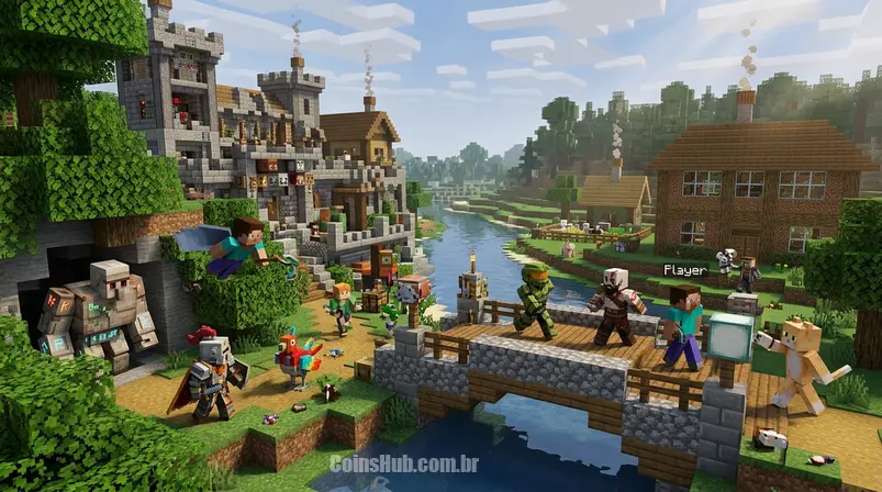 Personagens icônicos do Minecraft (Steve e Alex) interagindo em um cenário pixelado que mistura elementos das versões Java (com mods complexos) e Bedrock (com elementos de cross-play), em um ambiente de PC.