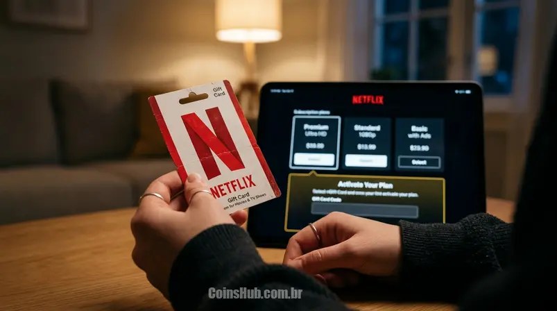 Mãos segurando um Gift Card Netflix, com um tablet no fundo mostrando a tela de resgate de código, simbolizando o processo de ativação.
