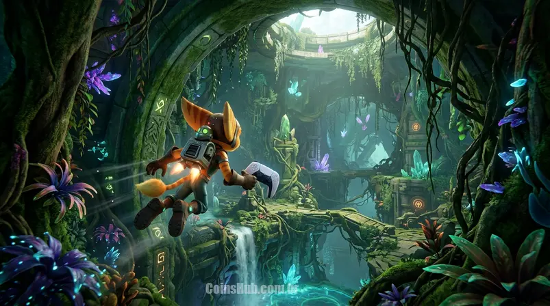 Uma criatura alienígena e um robô voando por uma paisagem futurista e exuberante, com um templo misterioso ao fundo, simbolizando a exploração e aventura em jogos como Ratchet & Clank no PS Plus Extra.