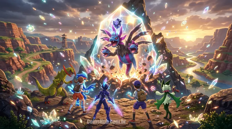 Treinadores se preparando para uma Raid Terastal de alto nível contra um Pokémon raro em um cenário vibrante da região de Paldea, em Pokémon Scarlet & Violet.