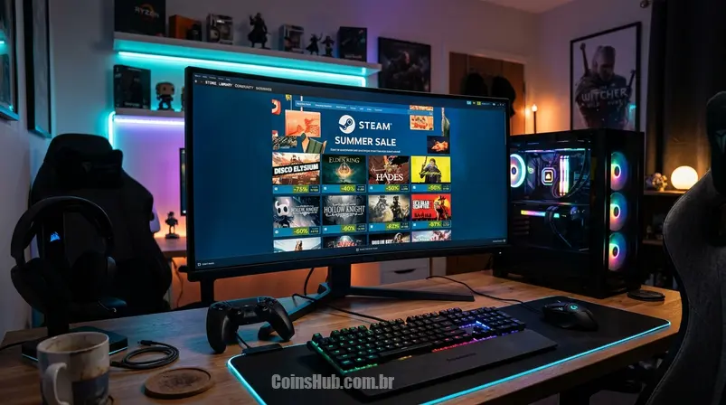 Configuração de PC gamer com a tela exibindo uma página de promoção da Steam com vários títulos de jogos com desconto, luzes sutis da tela e um controle no teclado.