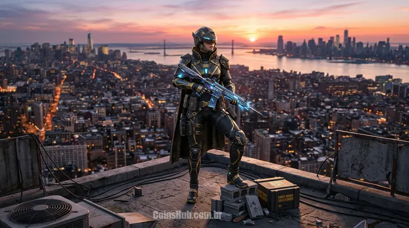 Personagem de PUBG Mobile com skin exclusiva e arma, em um telhado ao pôr do sol