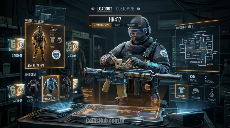 Interface de personalização de operador de Rainbow Six Siege, mostrando skins Elite, R6 Credits e um mapa tático.
