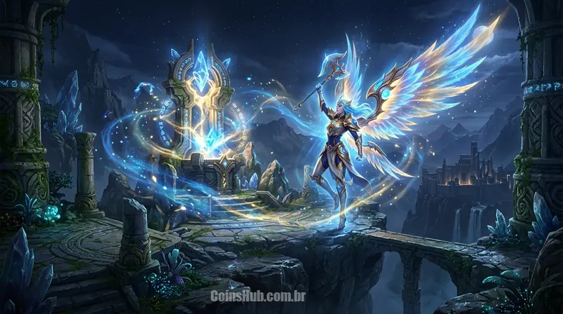 Um campeão com uma skin mítica de League of Legends, como Jinx Guardiã Estelar, em um cenário de alta fantasia com efeitos de luz azul e dourada, inspirando o universo do jogo.