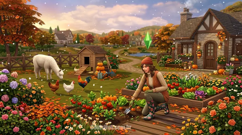 Imagem do meio com um Sim cuidando de uma fazenda em The Sims 4, com animais e elementos da expansão Vida no Campo e Estações, ilustrando a diversidade de jogabilidade.