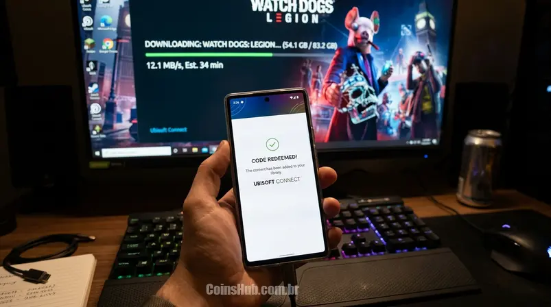 Mão segurando tablet com tela de confirmação de resgate de código no Ubisoft Connect, com download de jogo Ubisoft ao fundo.