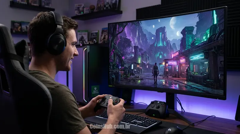 Gamer imerso jogando um título AAA recém-lançado (inspirado em Starfield) no PC com um controle Xbox, simbolizando o acesso Day One do Game Pass.
