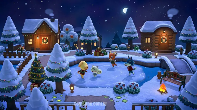 Cena de aldeia de inverno em Animal Crossing: New Horizons com patinadores no gelo e árvores decoradas