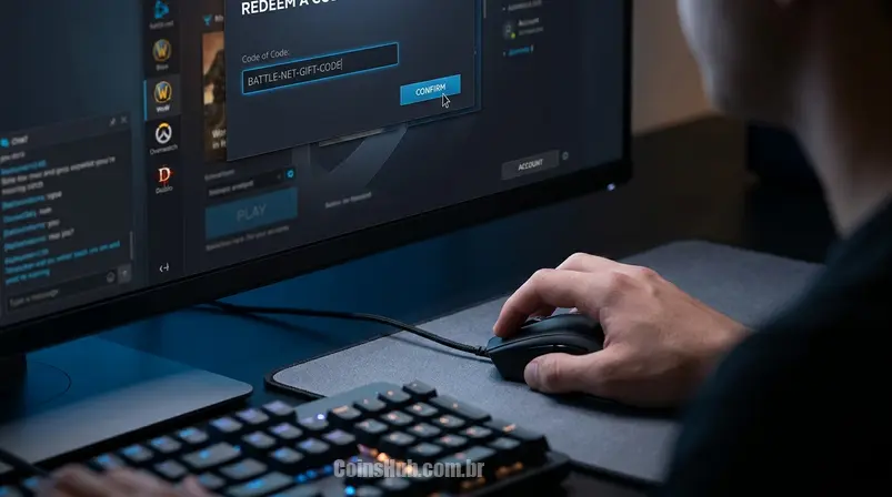 Mão interagindo com a seção de resgate de código do launcher Blizzard Battle.net em um monitor de computador, com foco no campo de inserção do código.