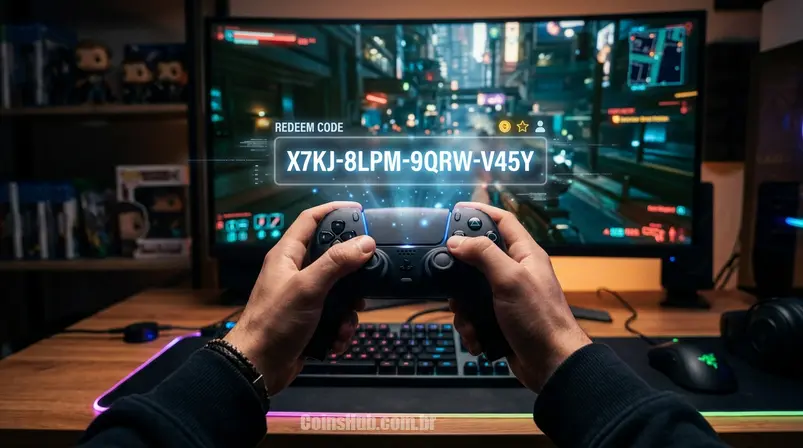 Mãos de jogador segurando um controle, com um código de gift card digital brilhando no ar, cercado por elementos de interface de jogos, representando a conversão de gift card em créditos.