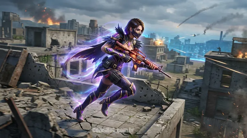 Personagem de Free Fire em combate com uma skin rara recém-adquirida, em um cenário de batalha royale.